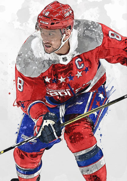Hockey player in red and blue uniform with star design on a white background