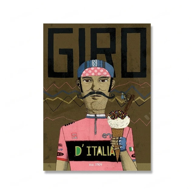 Illustration of a person holding an ice cream cone with 'Giro d'Italia' text on a brown background
