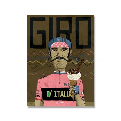 Illustration of a person holding an ice cream cone with 'Giro d'Italia' text on a brown background
