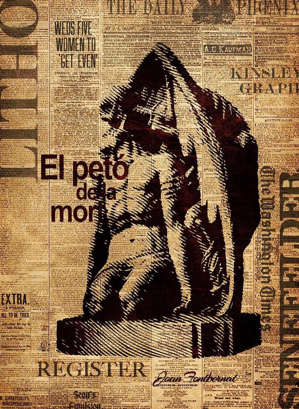 Stylized bear sculpture on a newspaper background with text overlay