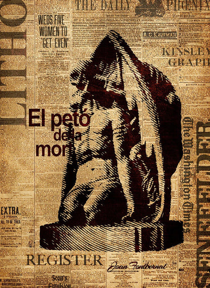 Stylized bear sculpture on a newspaper background with text overlay