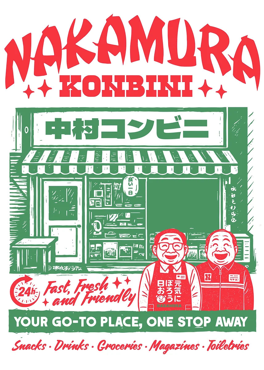 Advertisement for Nakamura Konbini with a store illustration and two characters in front.