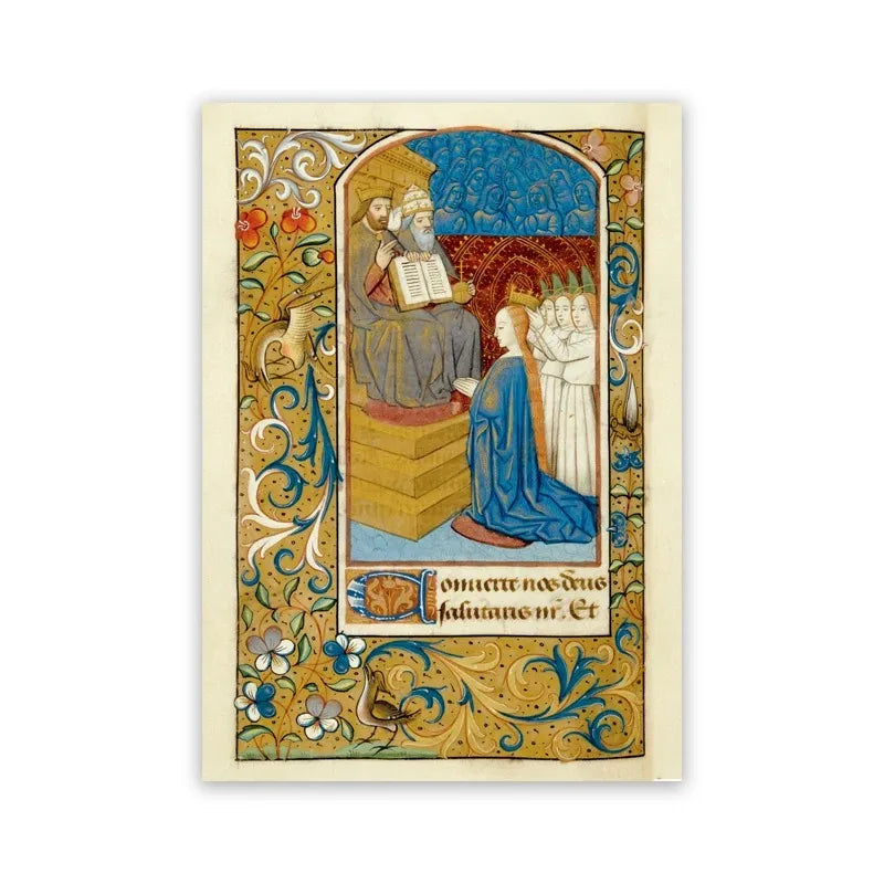 Decorative card with medieval-style illustration of a man and woman in front of an arch, surrounded by intricate patterns.