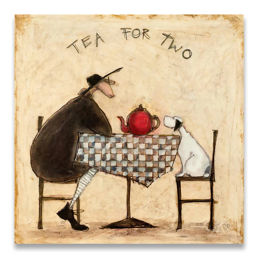 Illustration of a rabbit and dog sitting at a table with a red teapot, labeled 'Tea for Two'.