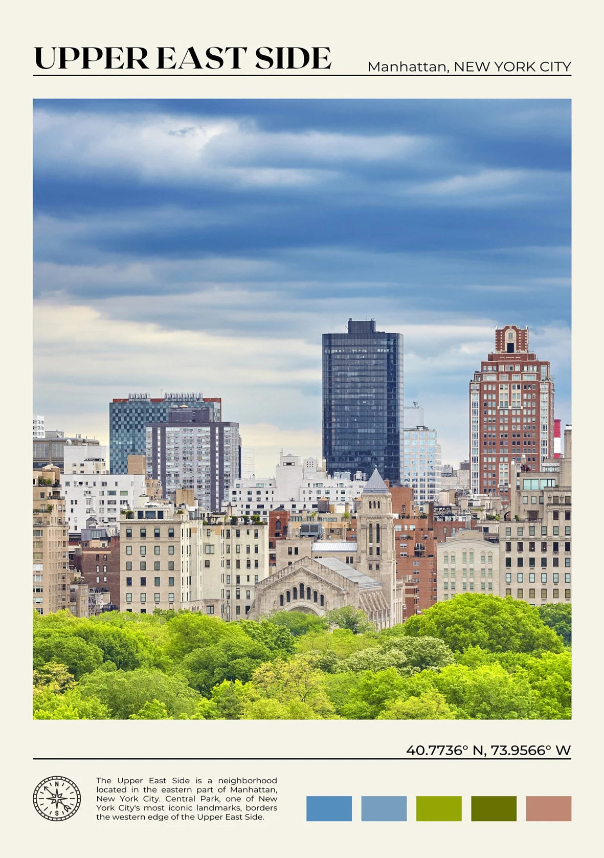 Cityscape of Upper East Side, Manhattan, New York City with buildings and greenery.