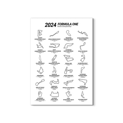 2024 Formula One world championship circuit poster with icons on a white background