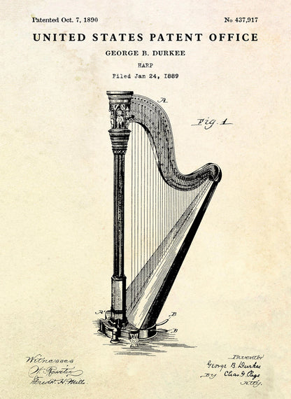 Patent illustration of a harp with text from the United States Patent Office