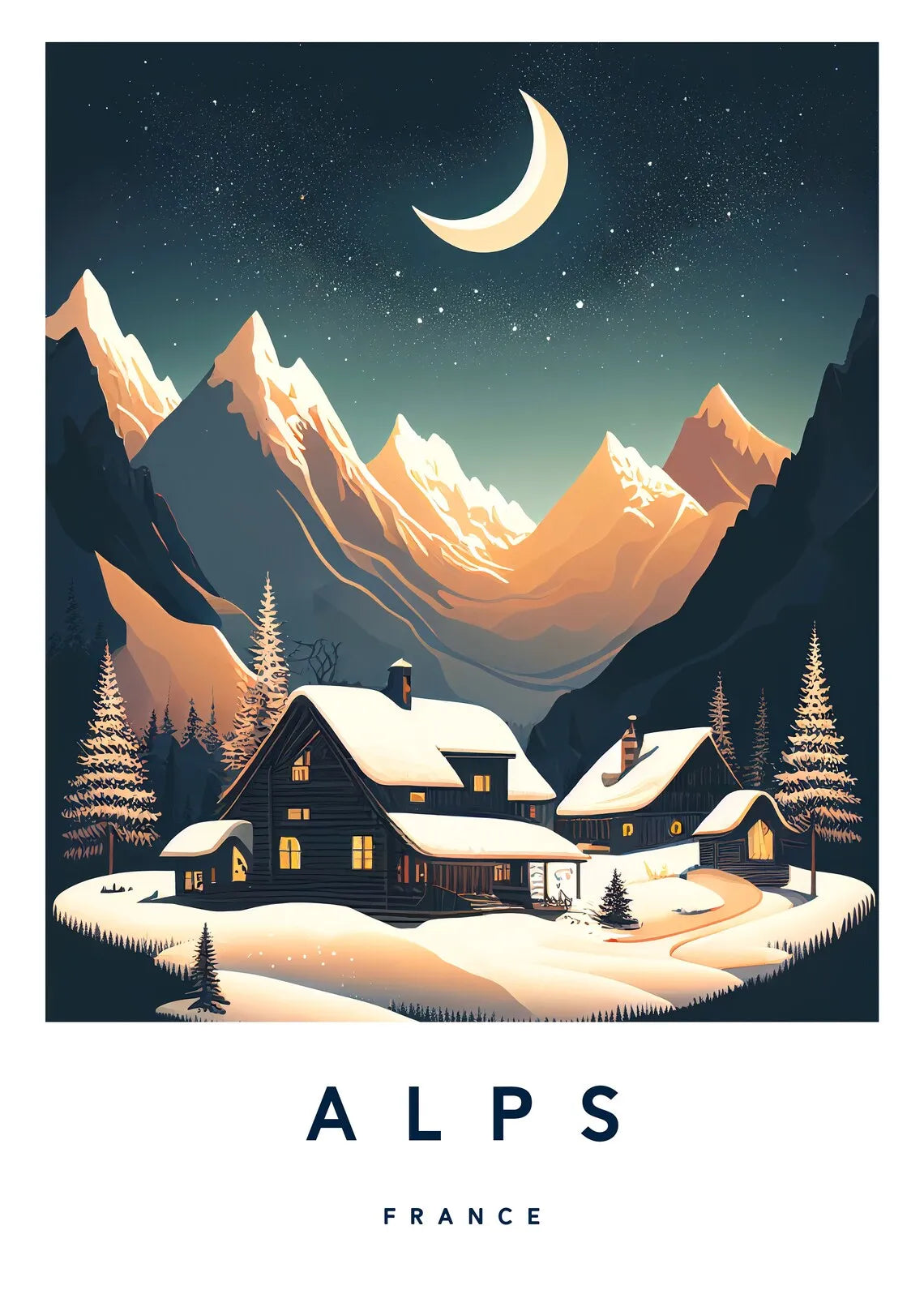 Mountain village in the Alps at night with a full moon