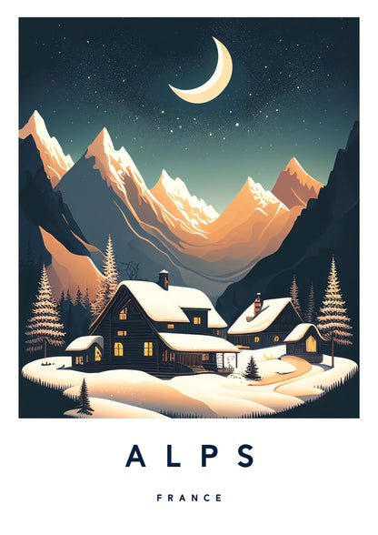 Mountain village in the Alps at night with a full moon