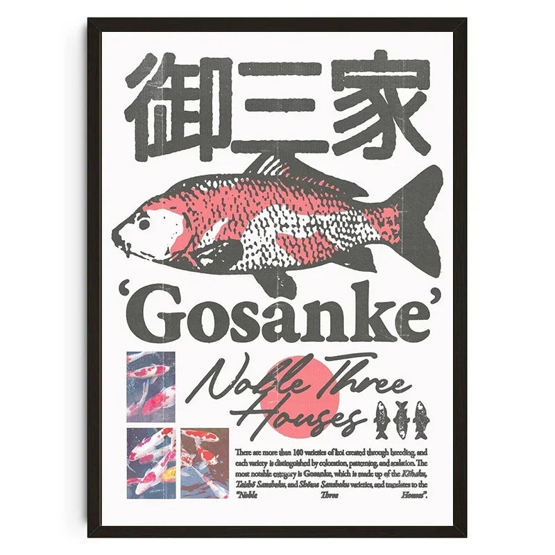 Framed artwork with a fish illustration and text on a white background