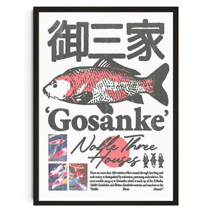 Framed artwork with a fish illustration and text on a white background