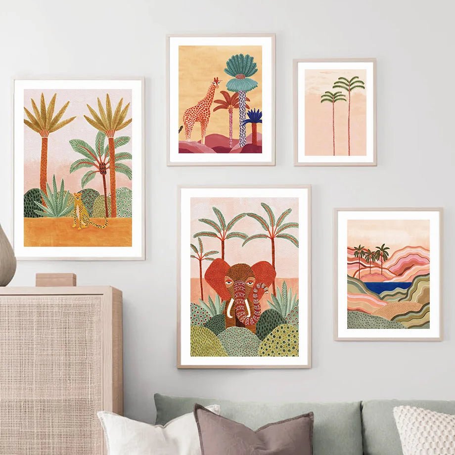 Set of framed illustrations of animals and landscapes on a wall.