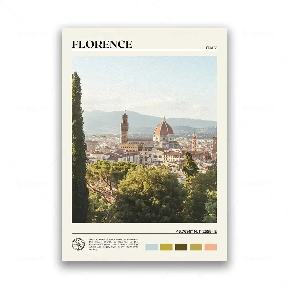 Poster of Florence, Italy with a scenic view and cityscape.