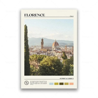 Poster of Florence, Italy with a scenic view and cityscape.