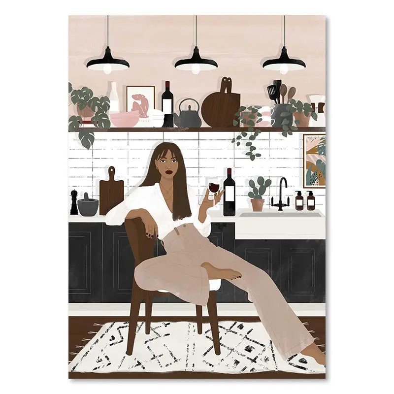 Illustration of a woman sitting in a kitchen holding a glass of wine.