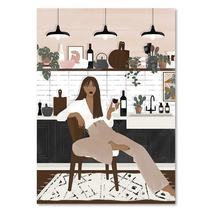 Illustration of a woman sitting in a kitchen holding a glass of wine.