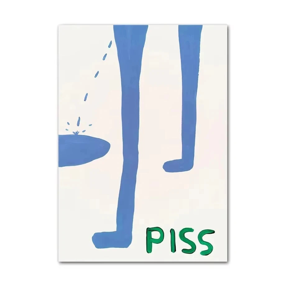 Cartoon illustration of legs wearing blue socks with a puddle and 'PISS' text on a white background