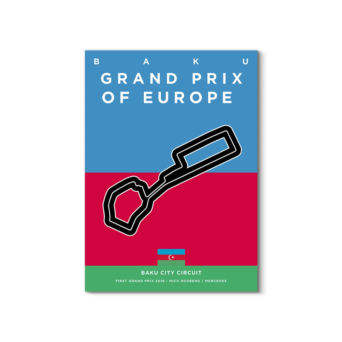 Poster of Baku Grand Prix of Europe with track layout design on a blue, red, and green background.