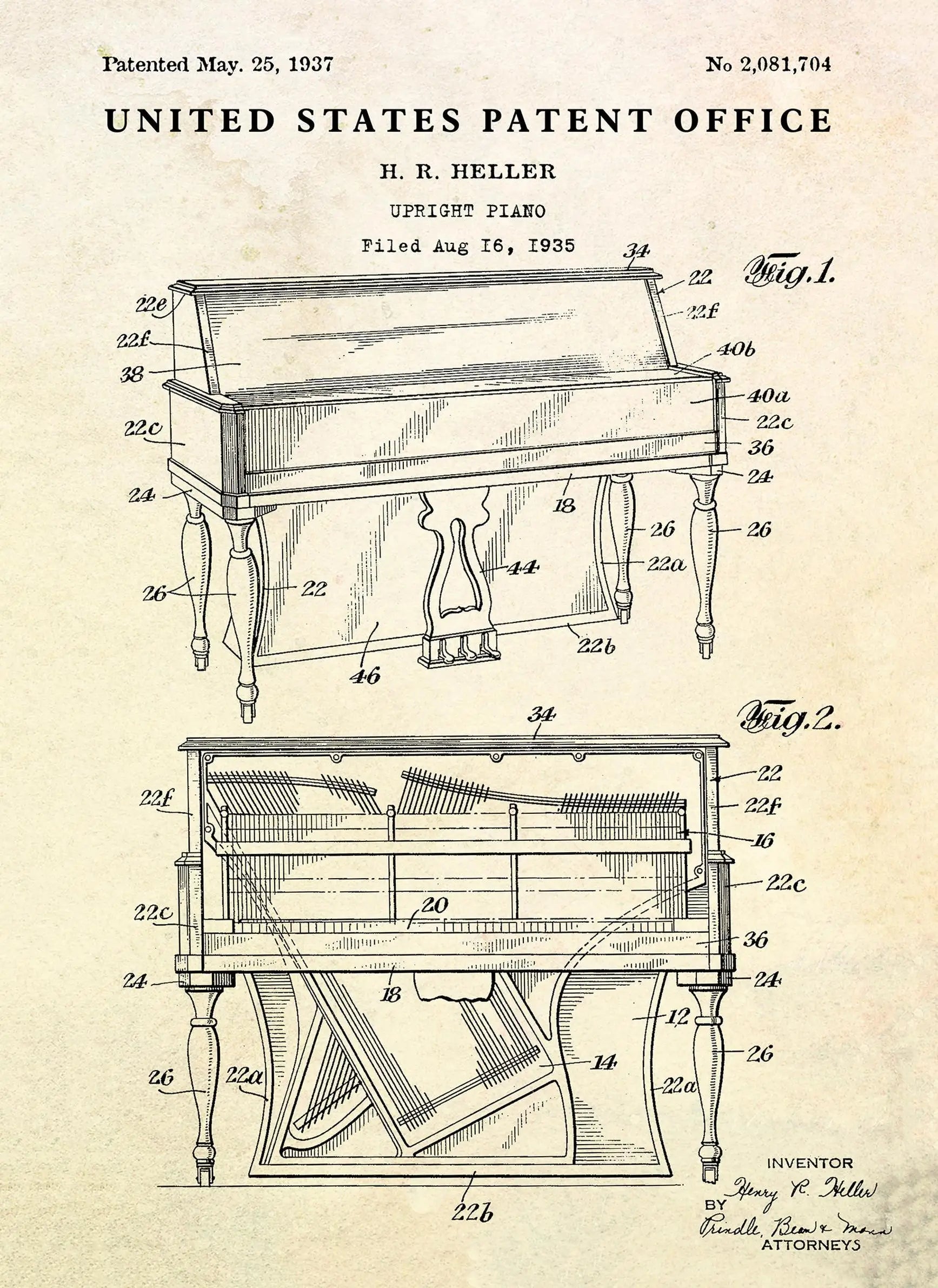 Patent illustration of an upright piano with detailed diagram on a beige background