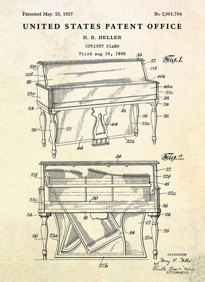 Patent illustration of an upright piano with detailed diagram on a beige background