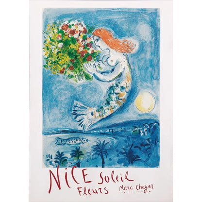 Artistic depiction of a mermaid holding flowers with 'Nice Soleil Fleurs' text and Marc Chagall signature.