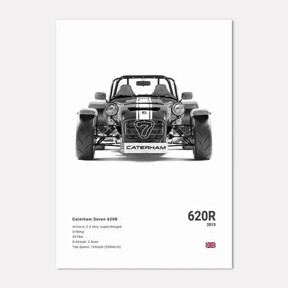 Black and white illustration of a Caterham Seven 620R on a white background