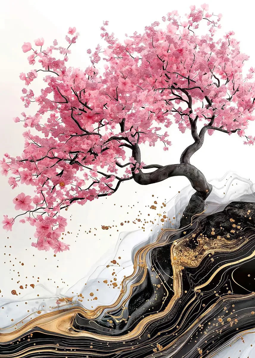 Cherry blossom tree with pink flowers and a black and gold abstract design on a white background
