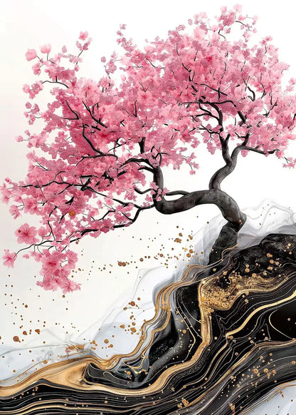Cherry blossom tree with pink flowers and a black and gold abstract design on a white background