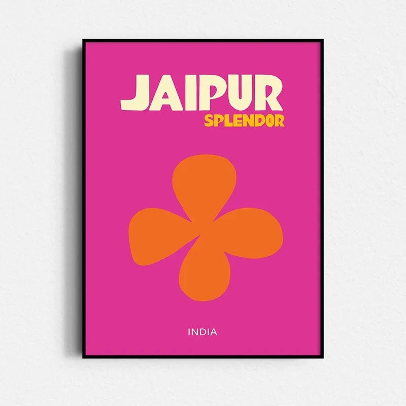 Poster with 'Jaipur Splendor' text and orange flower design on a pink background