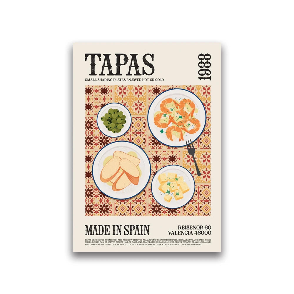Book cover of 'Tapas' with illustrations of small plates on a decorative background.