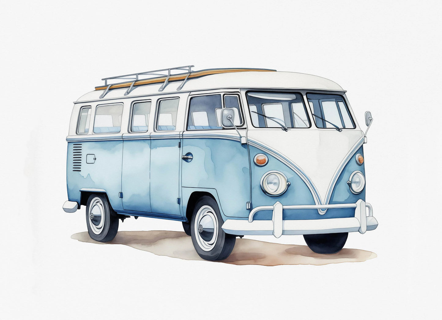 Blue and white vintage van with a surfboard on a white background
