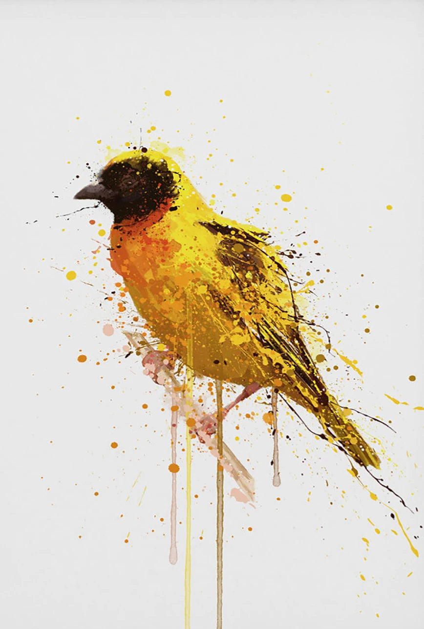 Artistic depiction of a yellow bird with black head on a light gray background