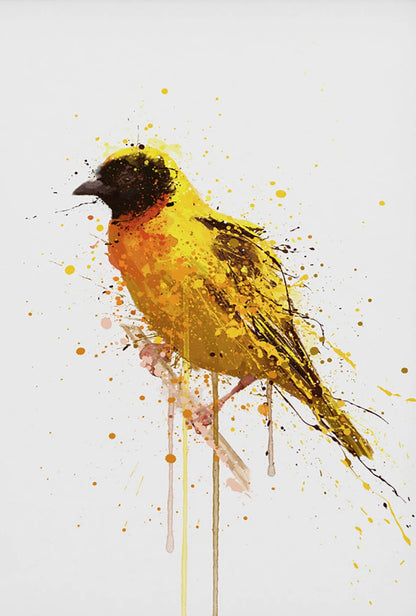Artistic depiction of a yellow bird with black head on a light gray background