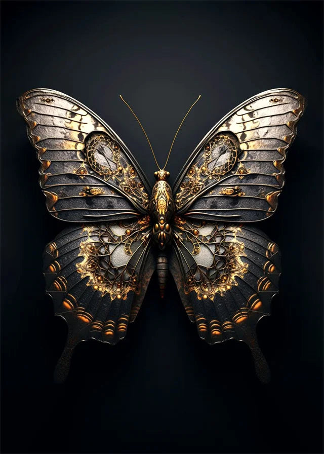Decorative butterfly with intricate designs on a dark background