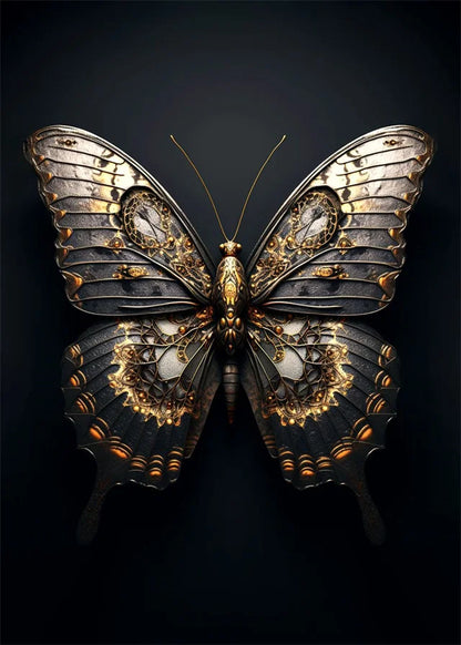 Decorative butterfly with intricate designs on a dark background