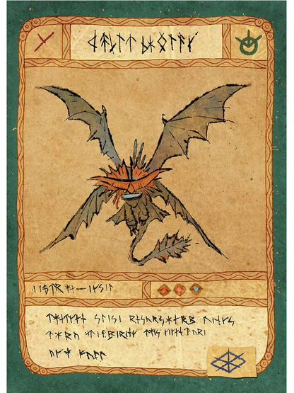 Illustration of a dragon on a textured background with decorative elements