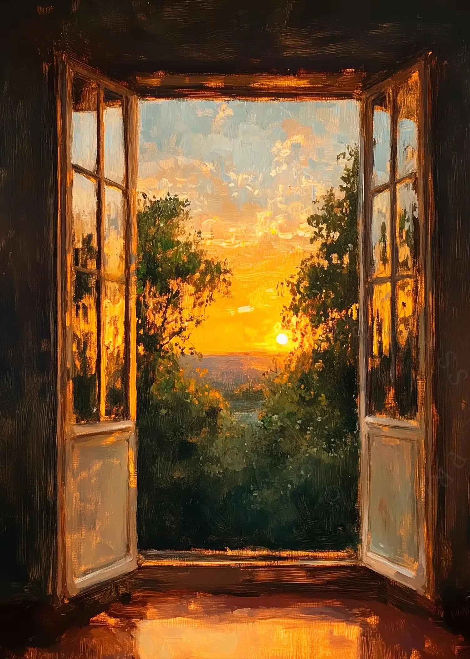 Open window with view of a sunset over trees