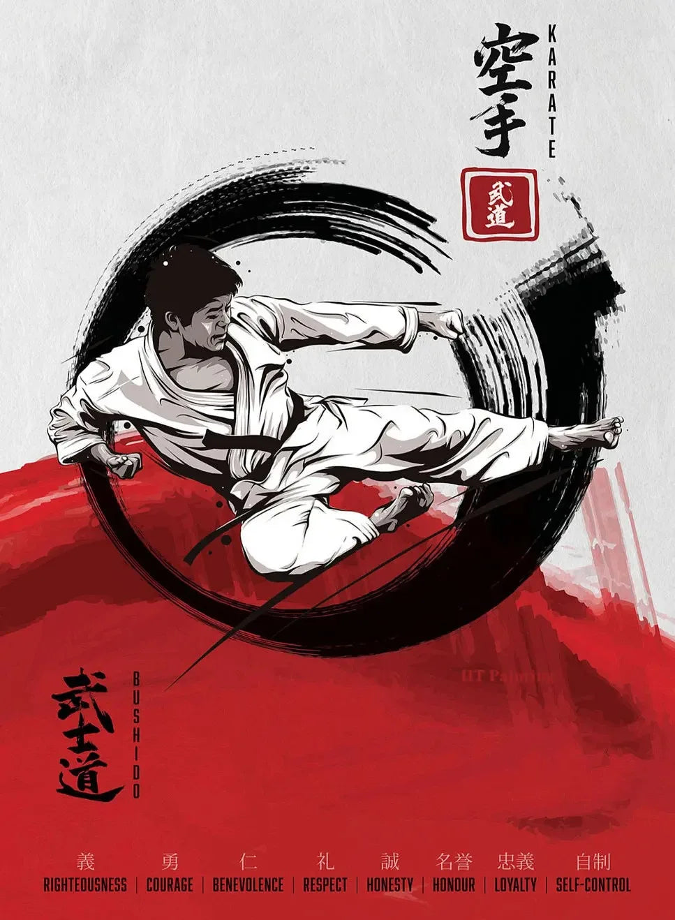 Karate illustration with a martial artist in a dynamic pose, surrounded by red and black elements.
