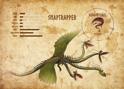 Illustration of a dragon named 'Snaptrapper' on a vintage-style background