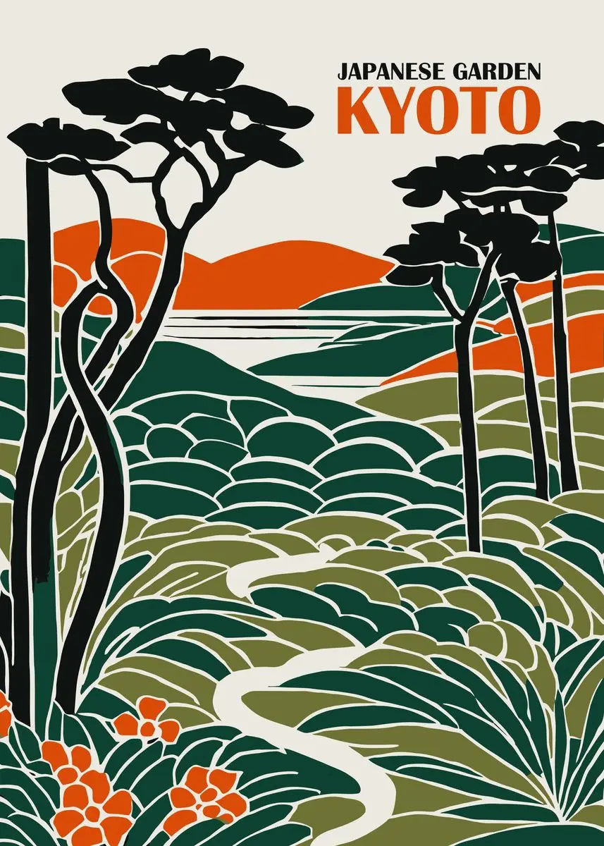 Artistic depiction of a Japanese garden in Kyoto with stylized trees and landscape.