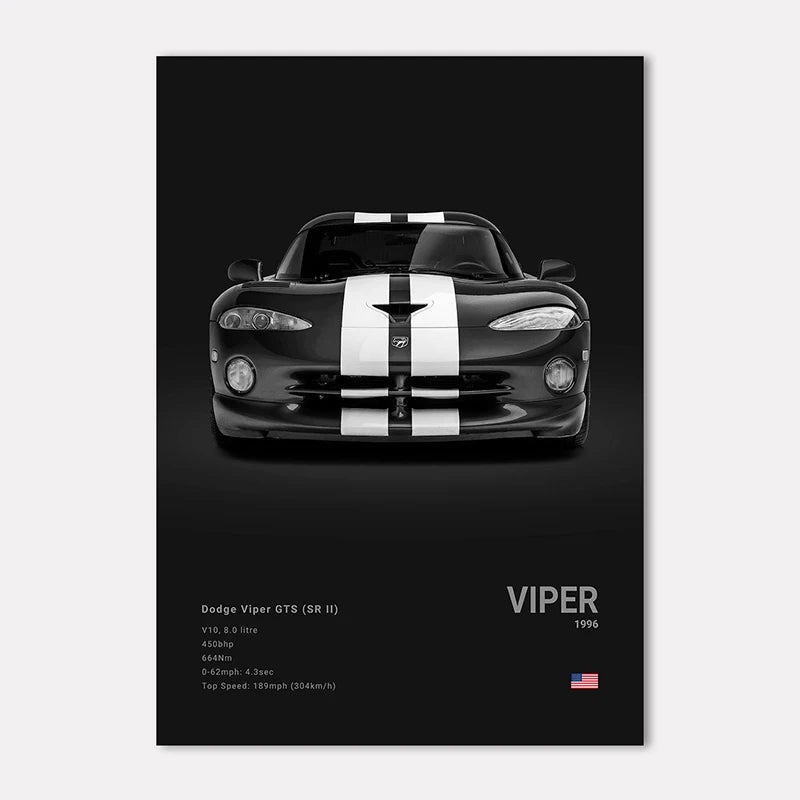 Dodge Viper GTS (SR II) poster with black and white design on a dark background