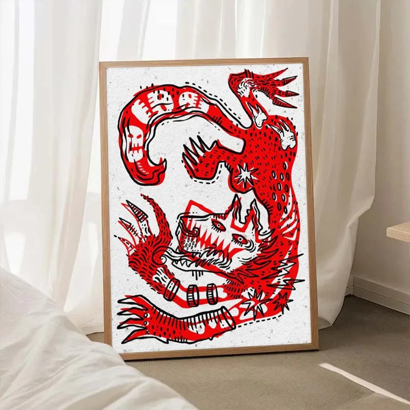 Framed artwork of a red and black dragon on a white background