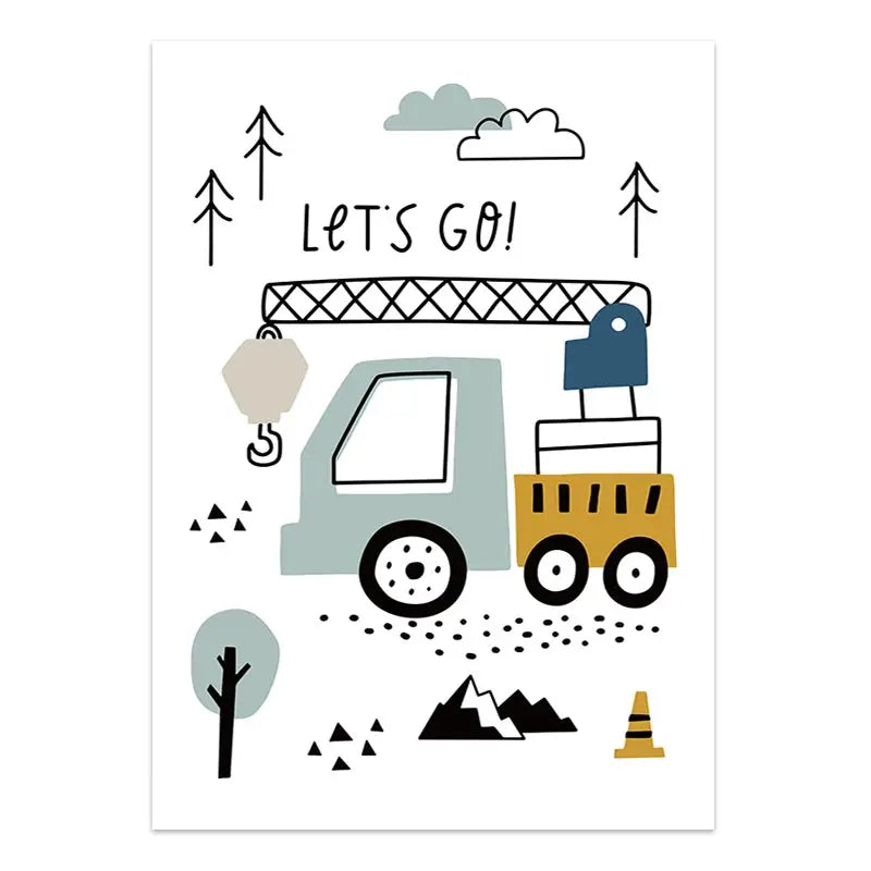 Illustration of a construction truck with 'Let's Go!' text on a white background
