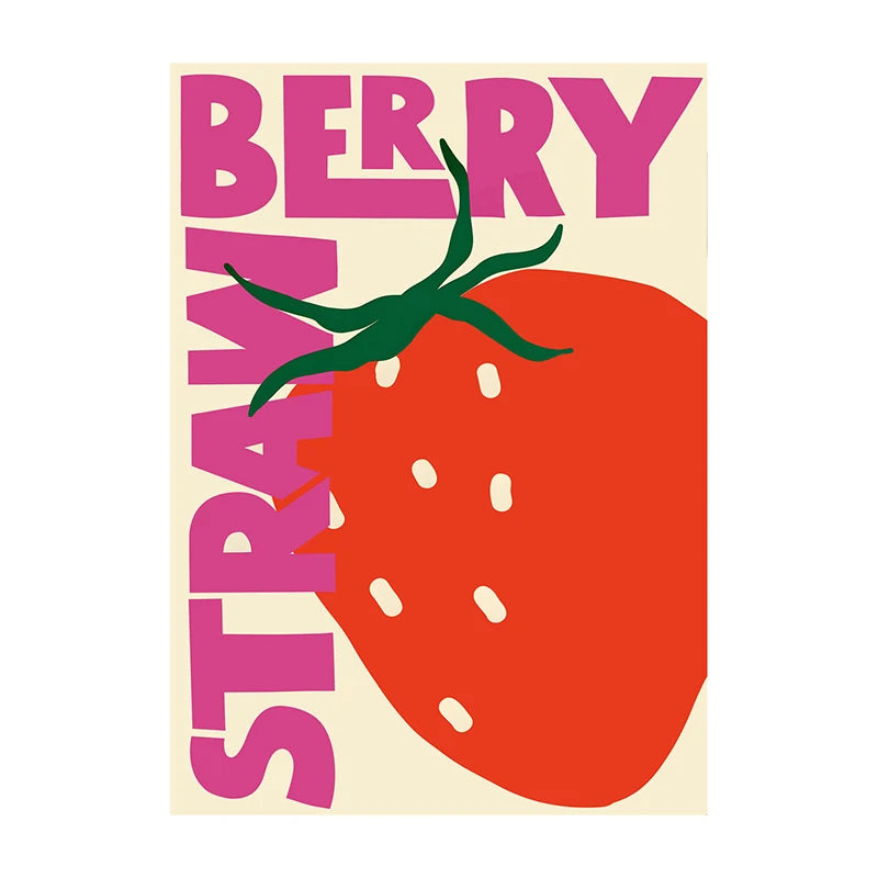 Illustration of a strawberry with 'STRAWBERRY' text in pink on a beige background