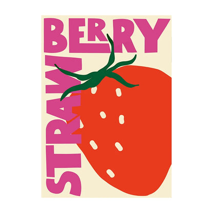 Illustration of a strawberry with 'STRAWBERRY' text in pink on a beige background