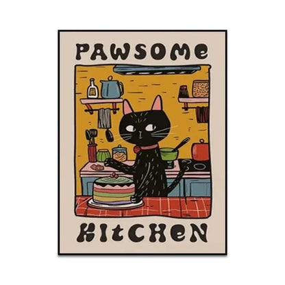 Poster with a black cat in a kitchen, text 'PAWSOME KITCHEN', on a beige background