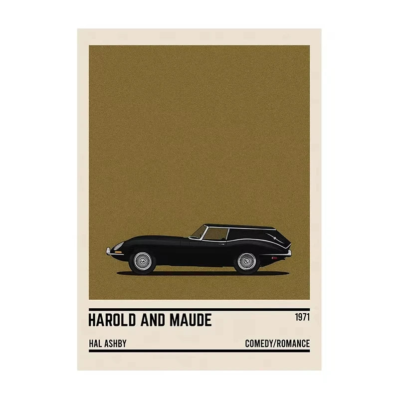 Movie poster for 'Harold and Maude' with a black car on a brown background