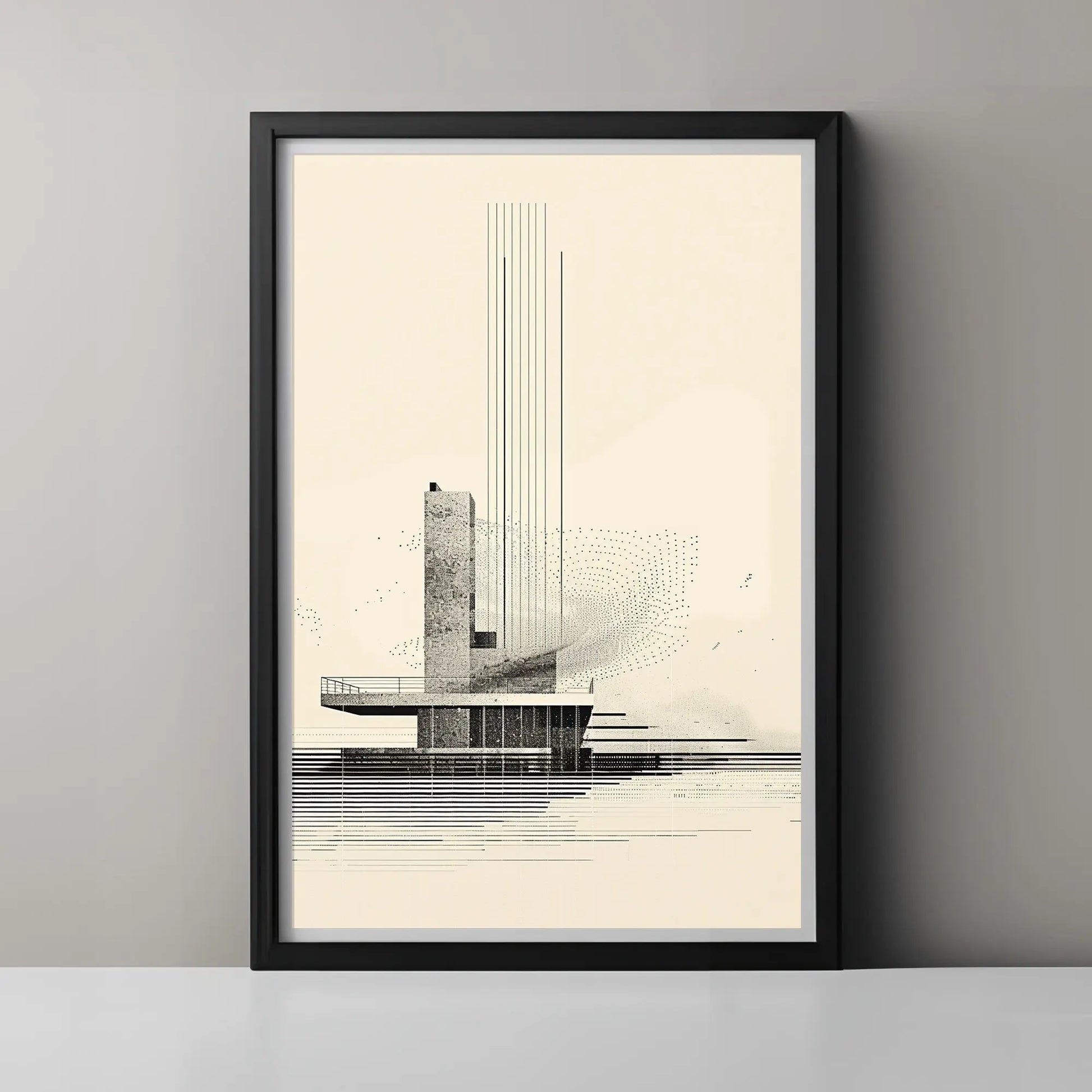 Framed architectural drawing on a gray wall