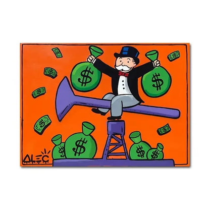 Cartoon character in a top hat holding money bags on an orange background with 'Alec' signature.