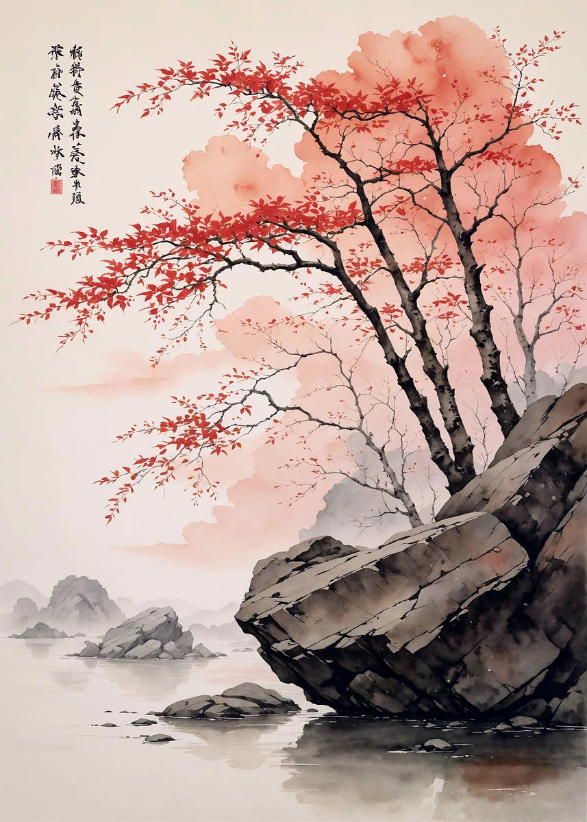 Traditional Chinese ink painting of a tree with red leaves, rocks, and water.